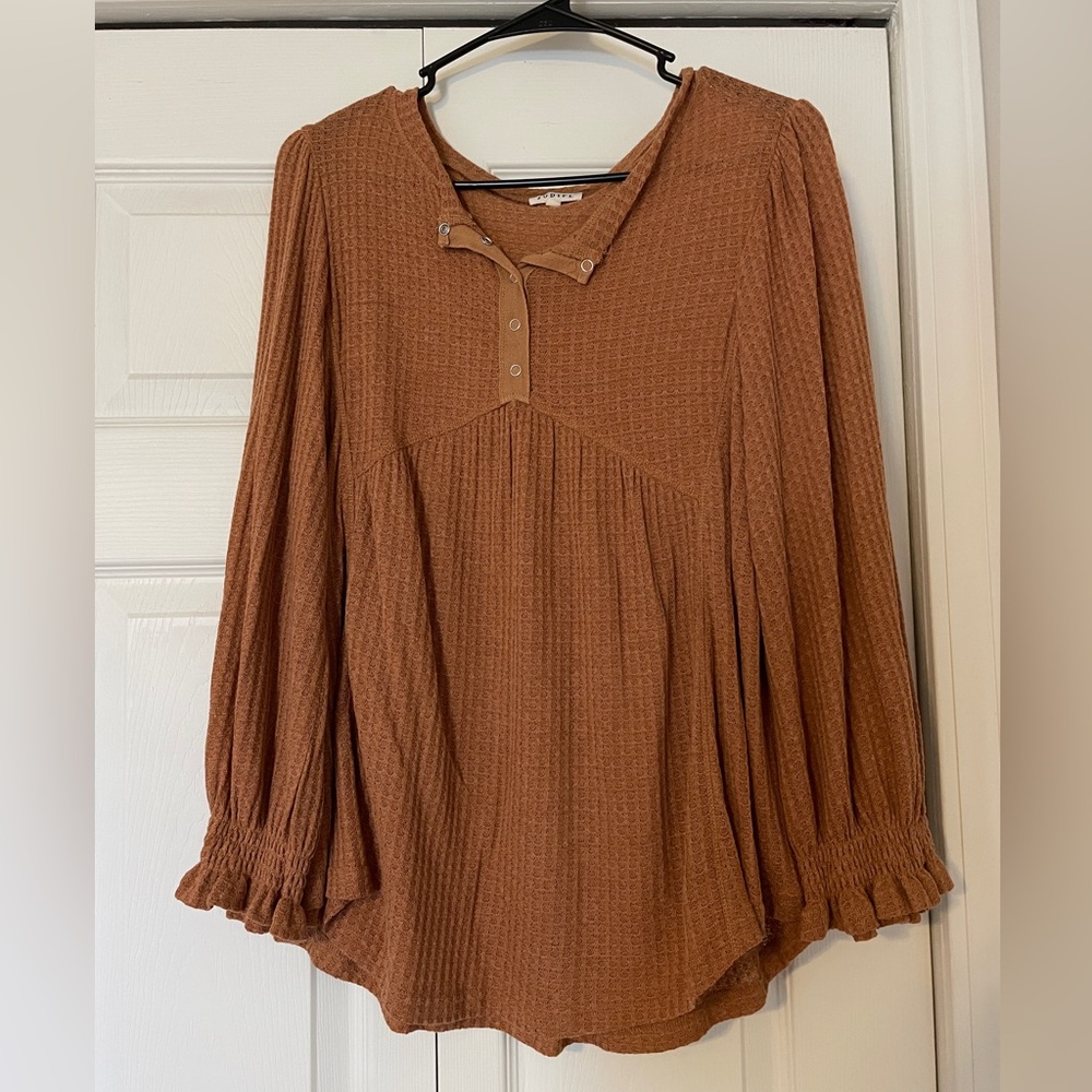 Burnt Orange Waffle Knit Top w/ Button Detail